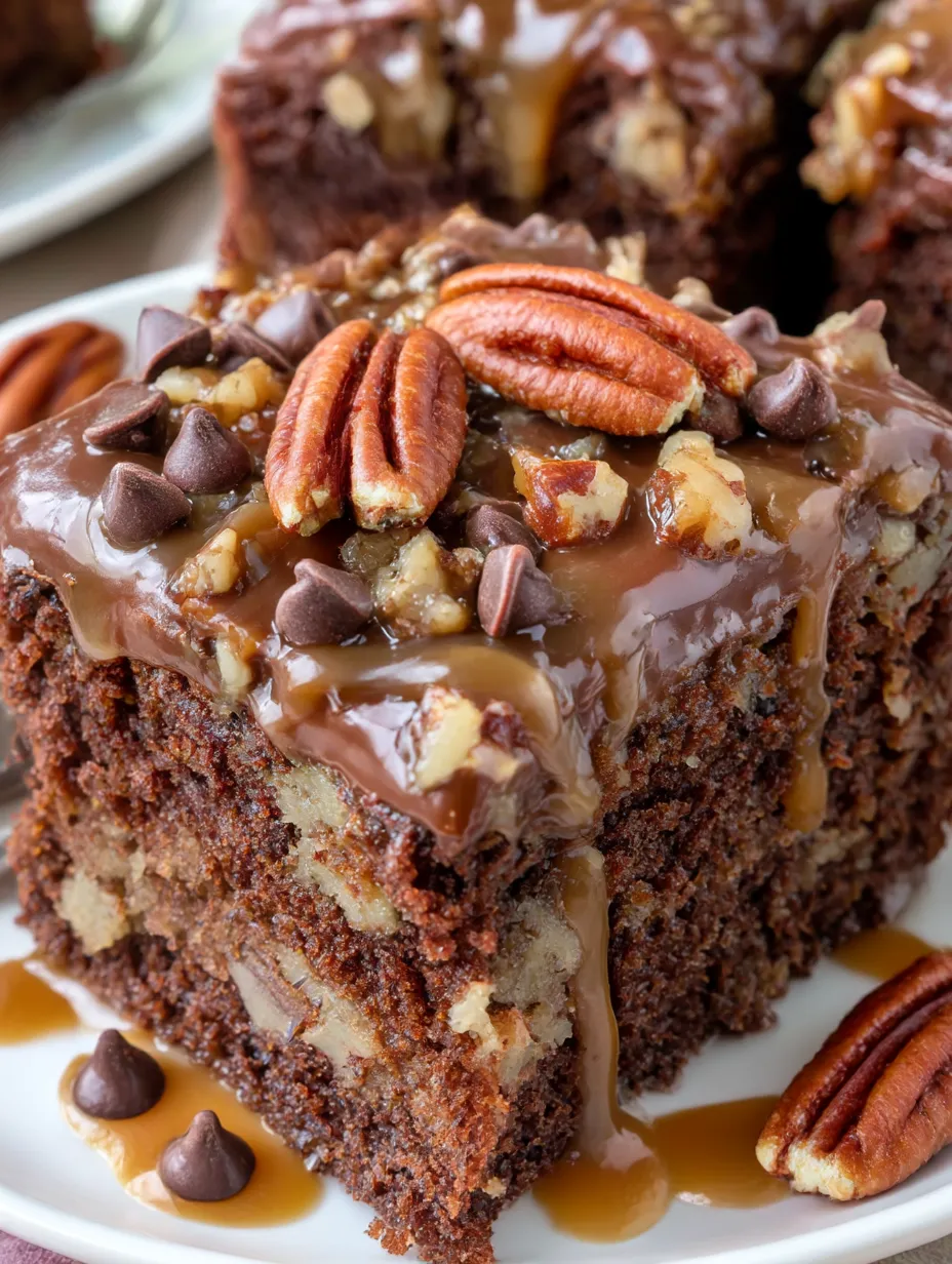 A slice of chocolate turtle poke cake.