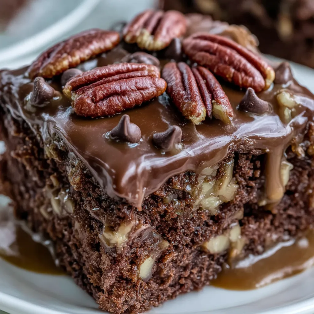 A chocolate turtle poke cake with pecans and chocolate drizzle.