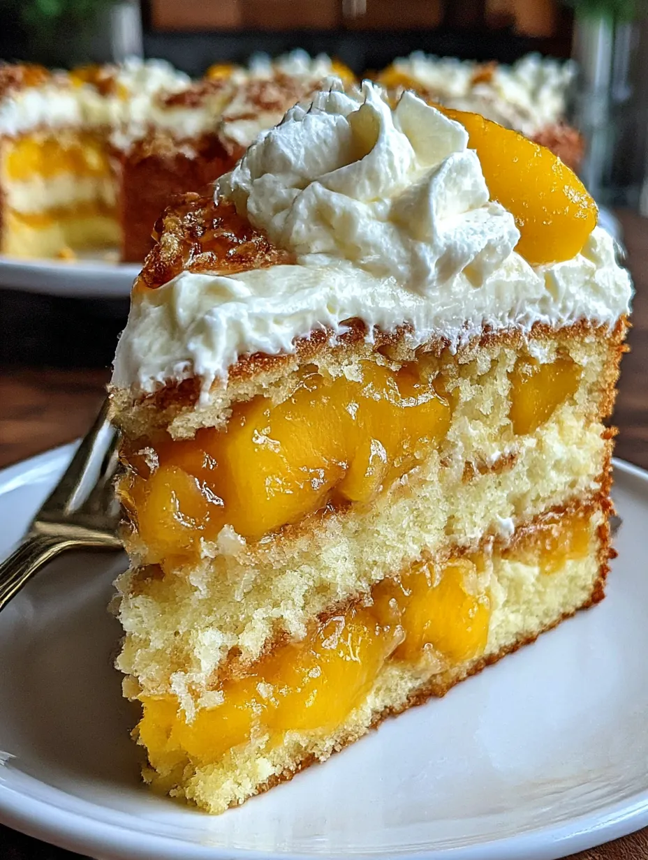 A slice of peach cake with brown sugar frosting.