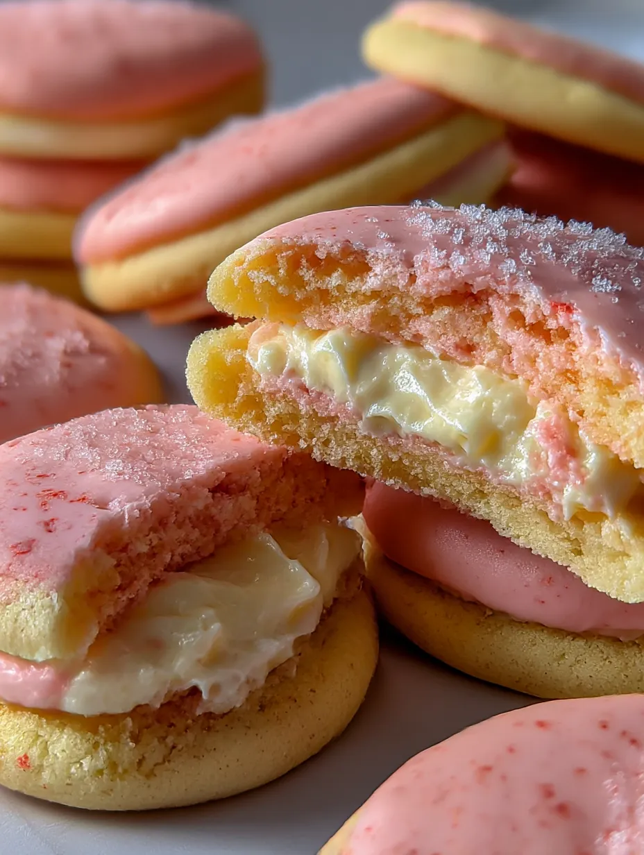 A close up of a strawberry cheesecake cookie.