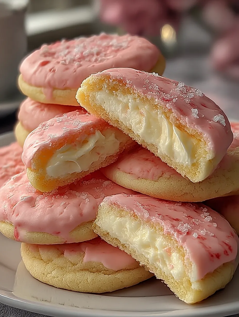 A stack of pink and white cookies.
