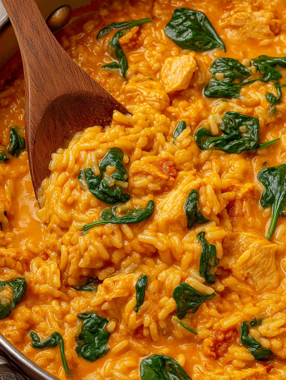 A wooden spoon is in a bowl of chicken and chorizo risotto.