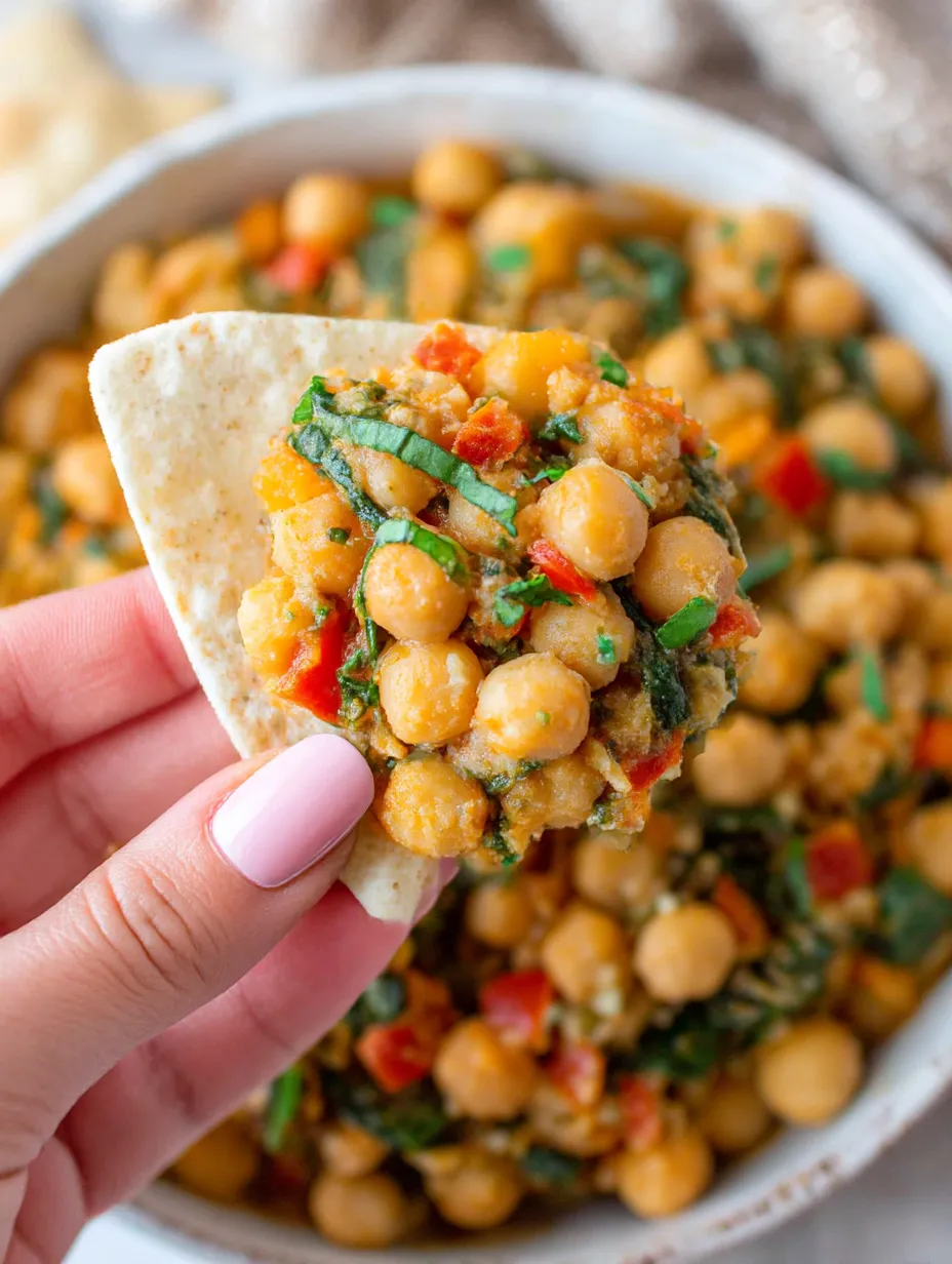 A hand holding a tortilla with chickpeas on it.
