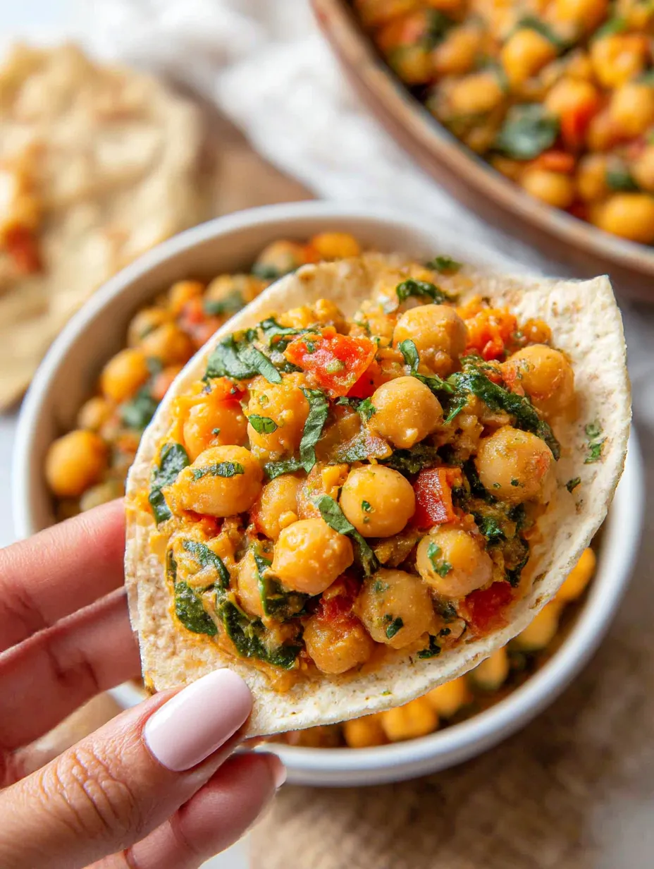 A person is holding a piece of food with chickpeas and tomatoes.