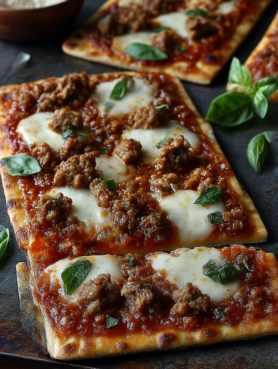 A pizza with meat and cheese on a flatbread.