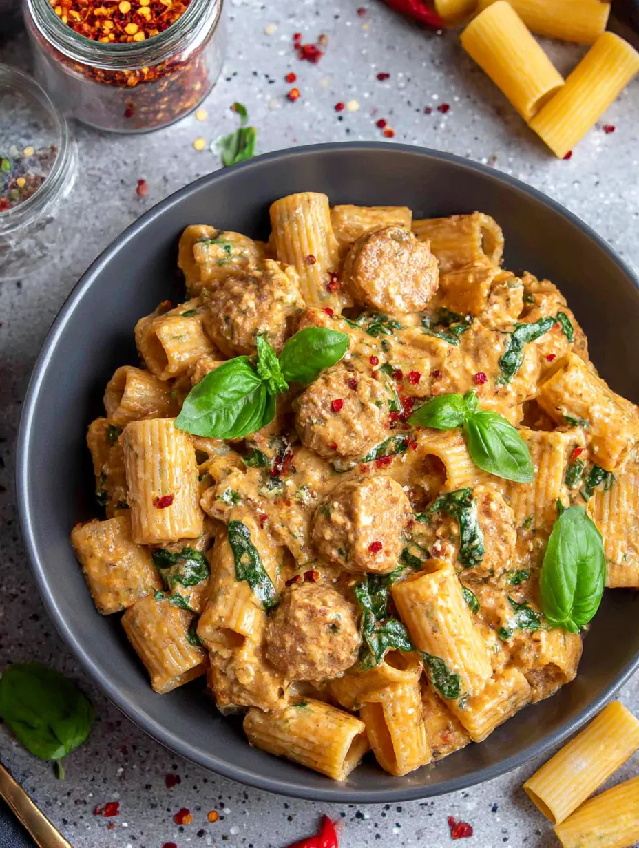 A bowl of spicy vegan sausage pasta.