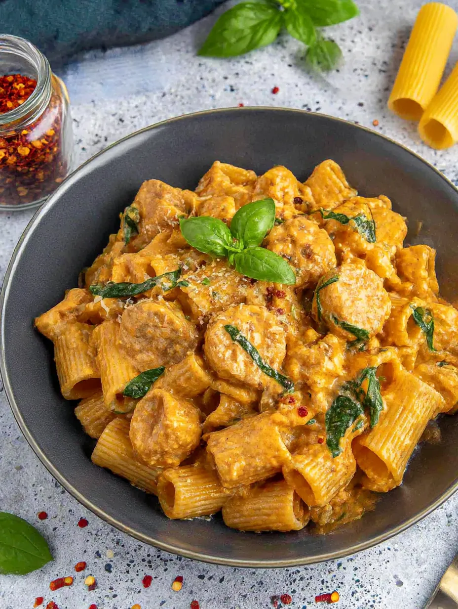 A bowl of spicy vegan sausage pasta.