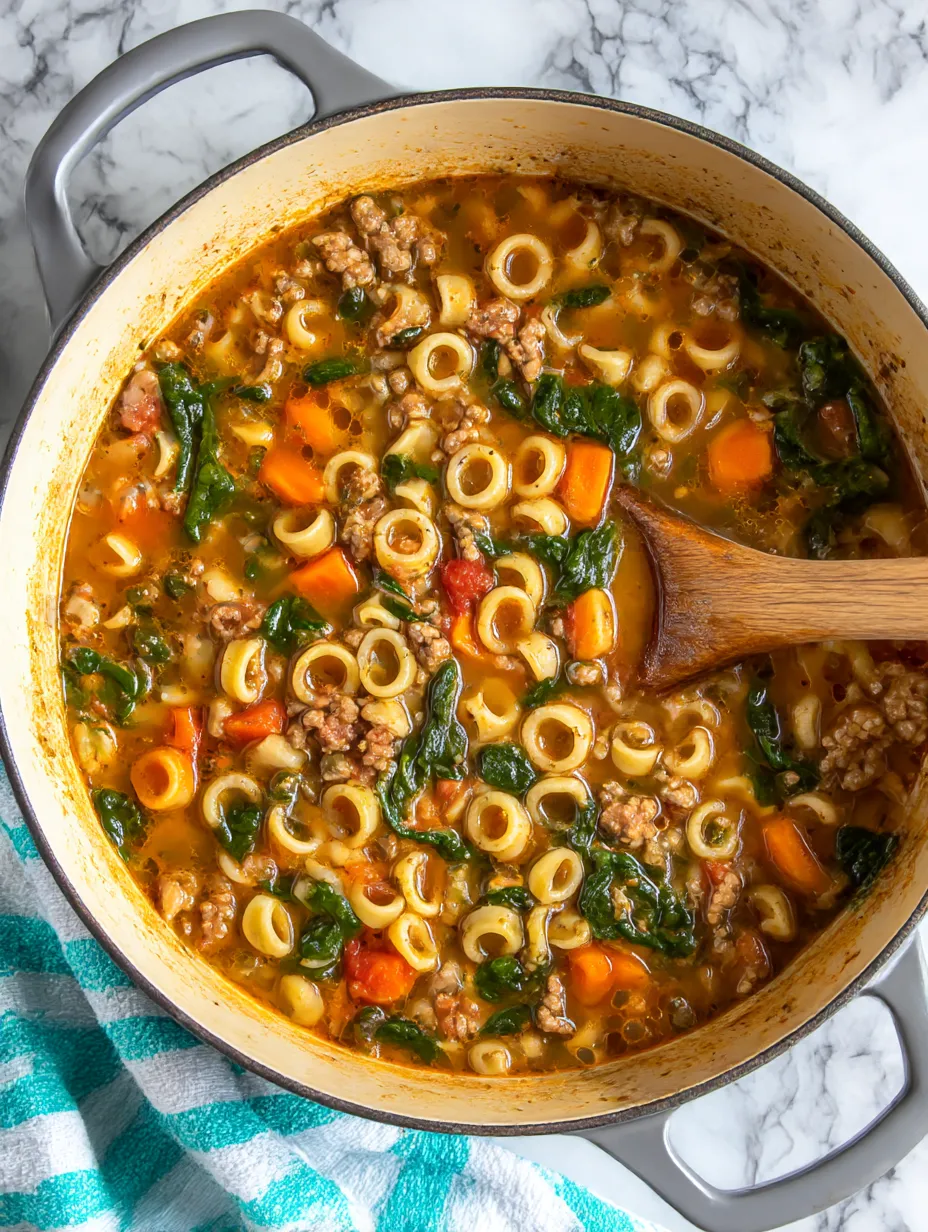 A bowl of soup with pasta and vegetables.