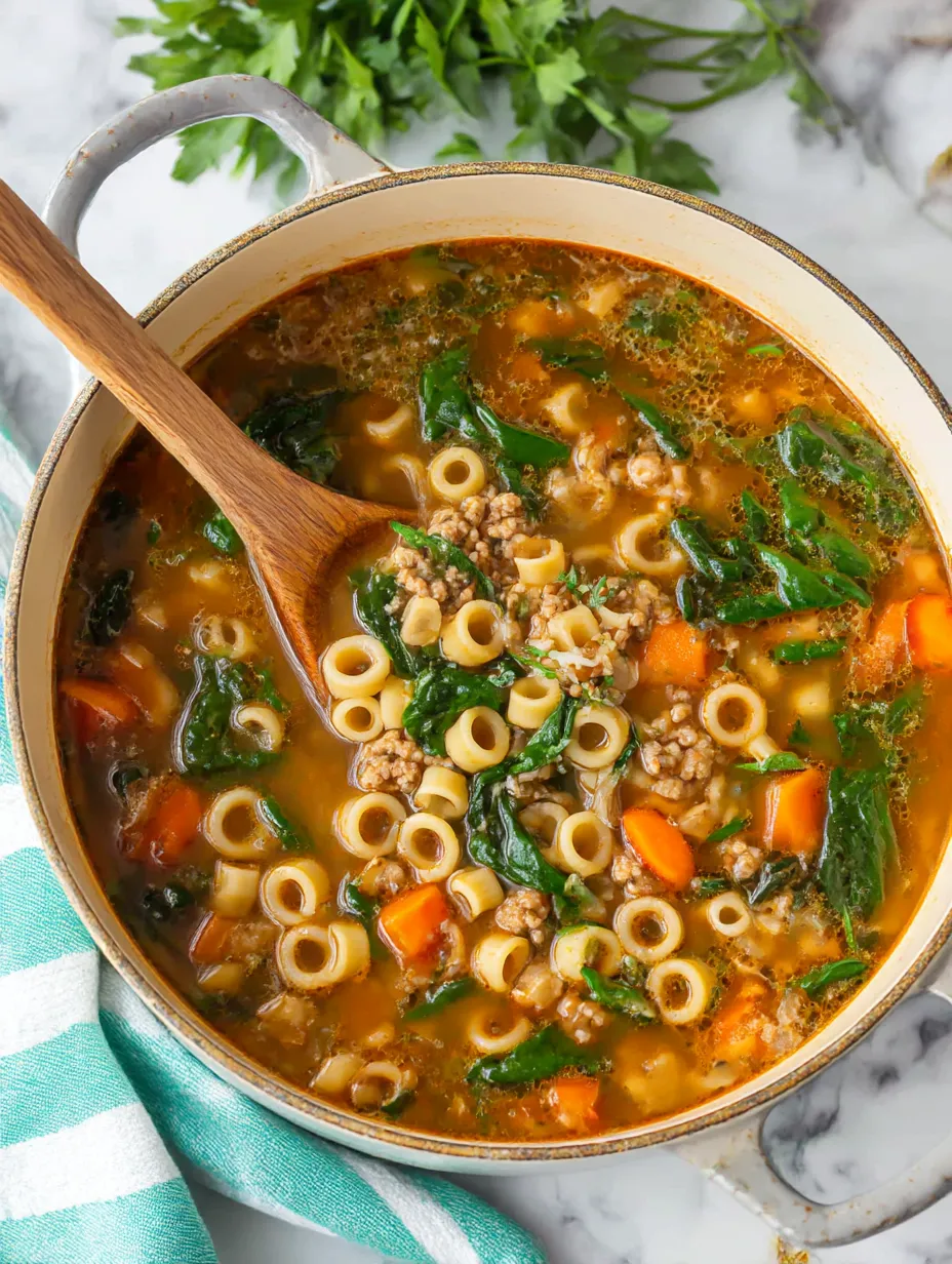 A bowl of soup with noodles, carrots, and spinach.