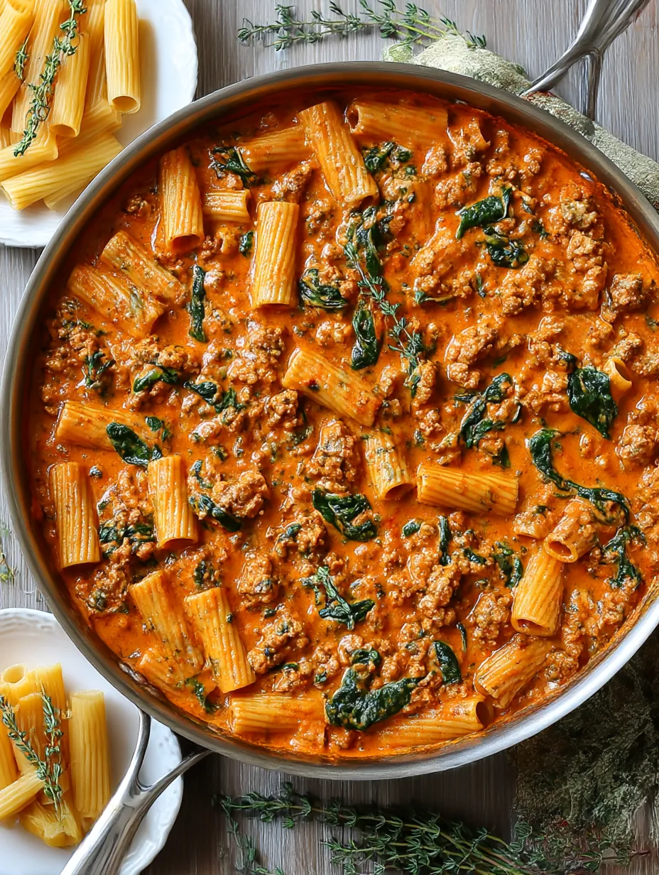 A pot of rigatoni with sausage and spinach.