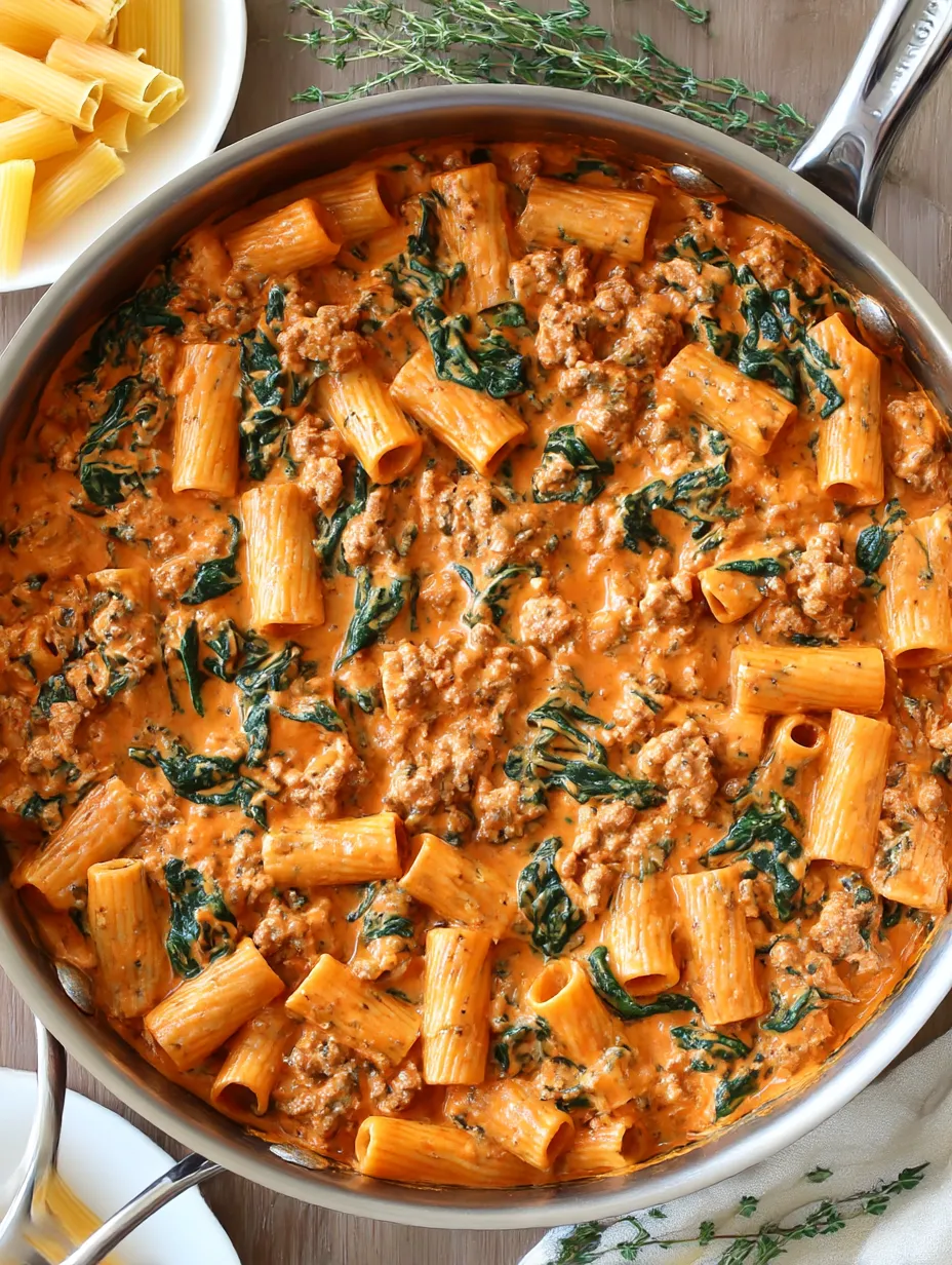 A pot of rigatoni with sausage and spinach.