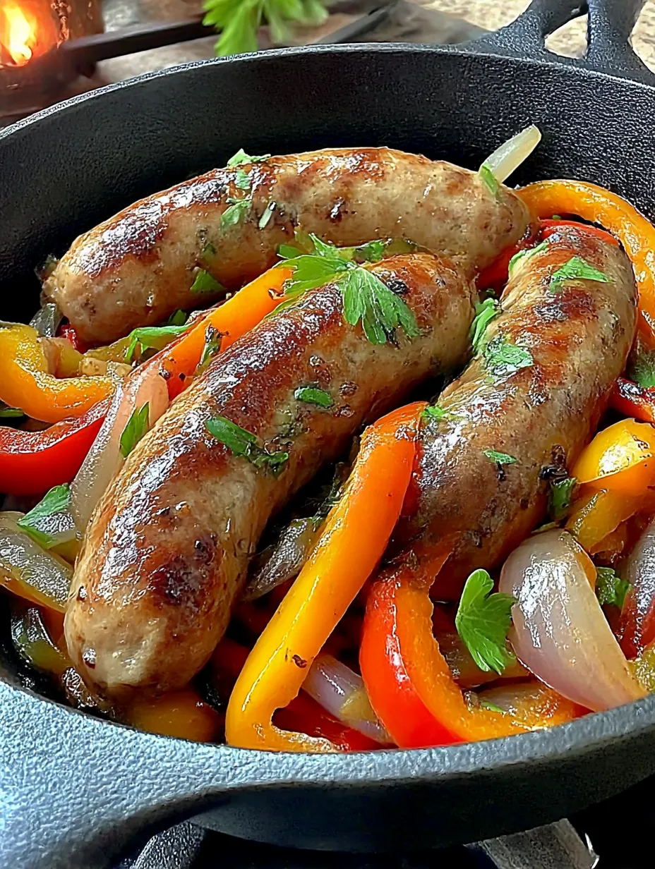 A dish of Italian sausage with peppers and onions.