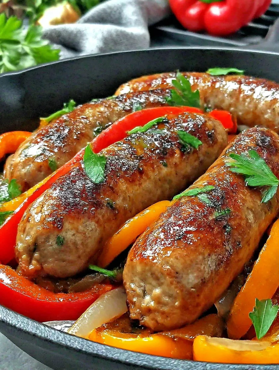 A plate of Italian sausage with peppers and onions.