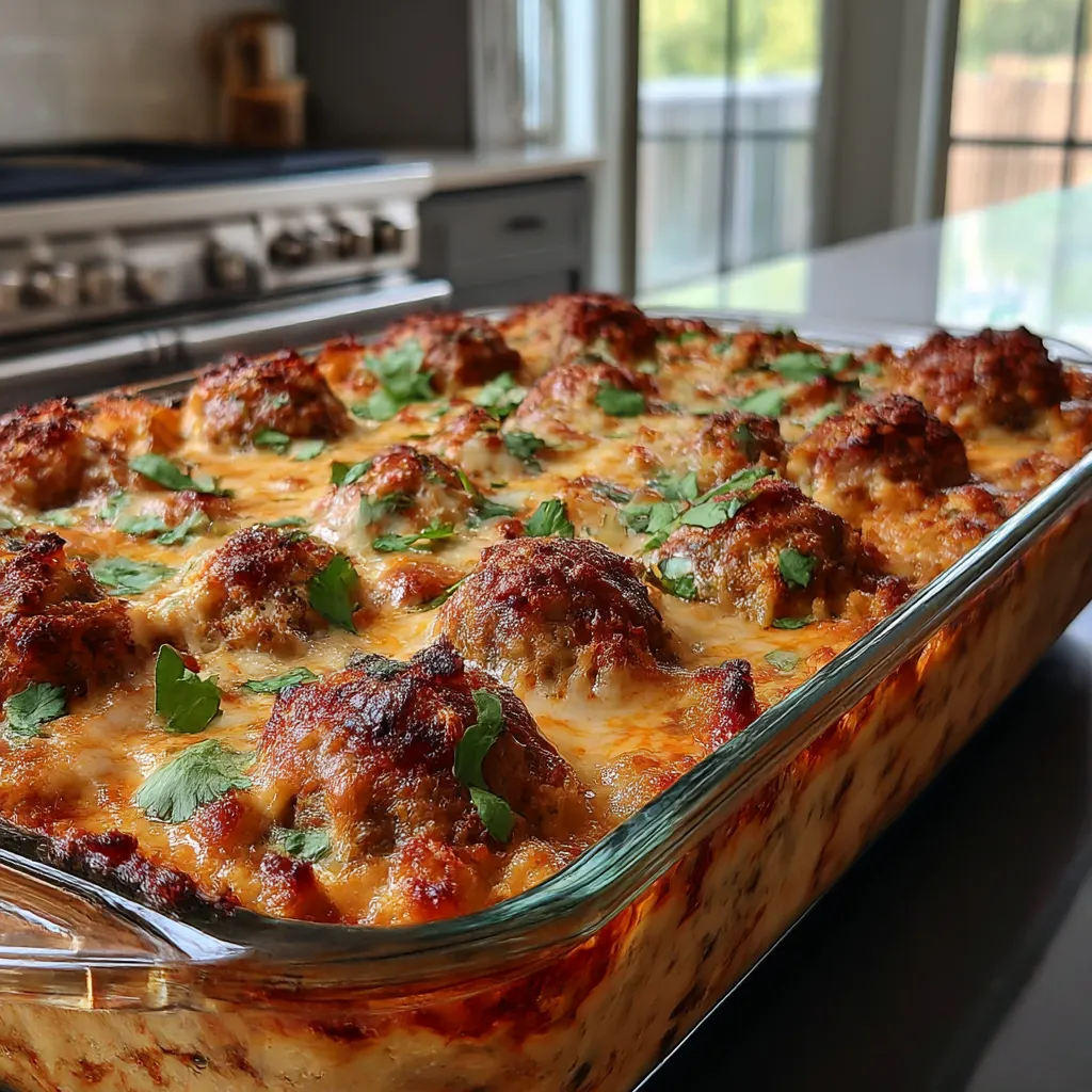 A hearty Italian sausage bake in a glass dish.