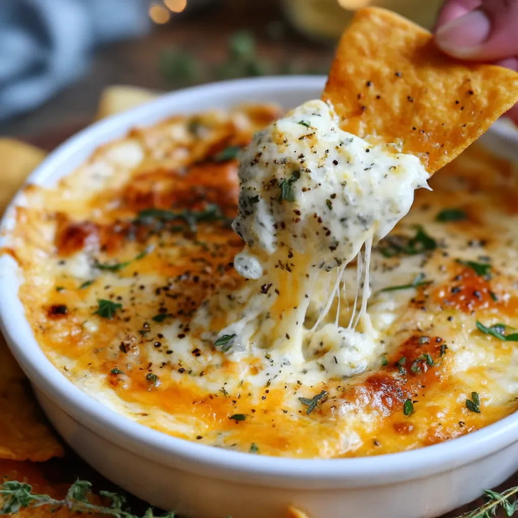 A hand is grabbing a piece of artichoke dip.