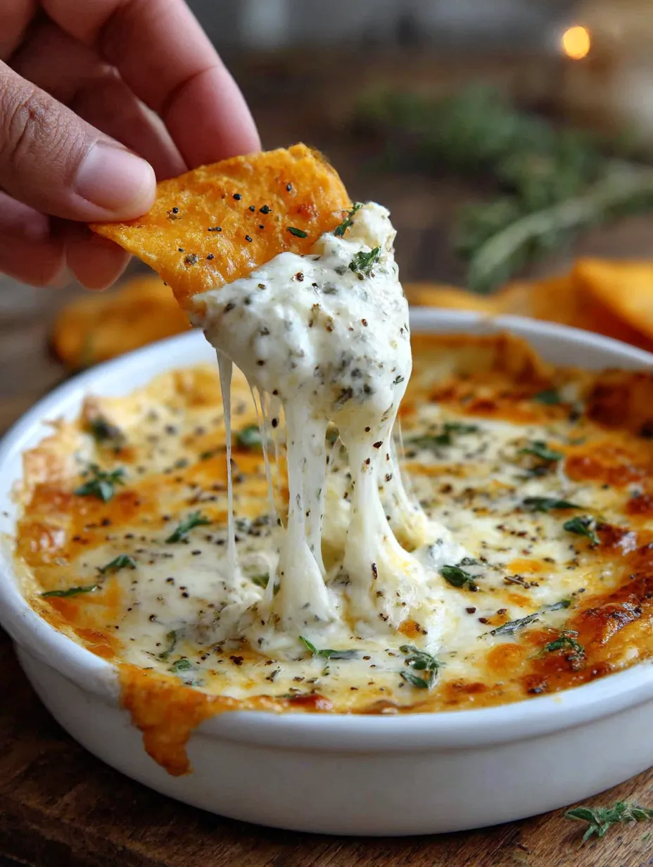 A hand is grabbing a piece of artichoke dip.