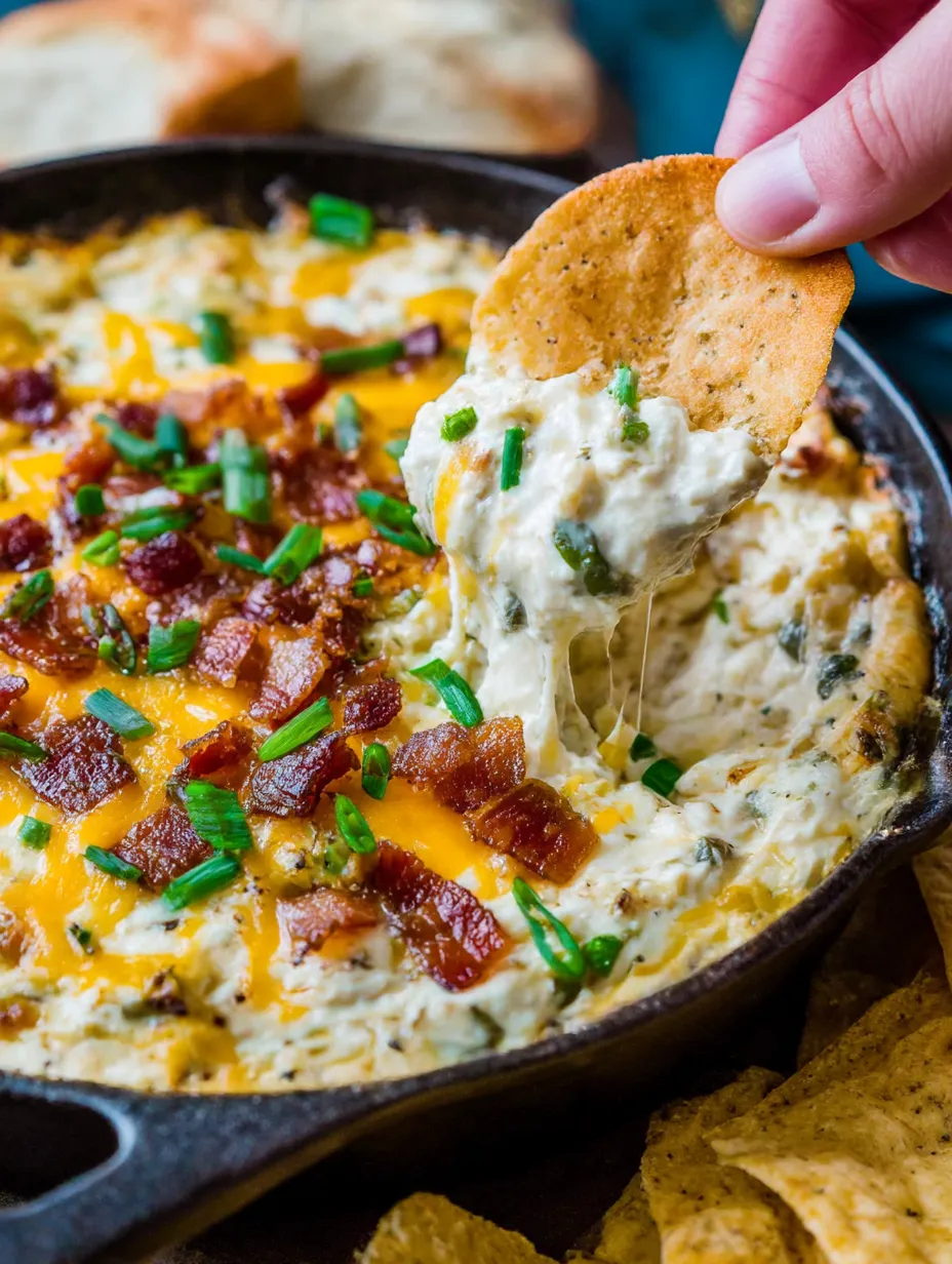 A person is scooping up some baked jalapeno popper dip.