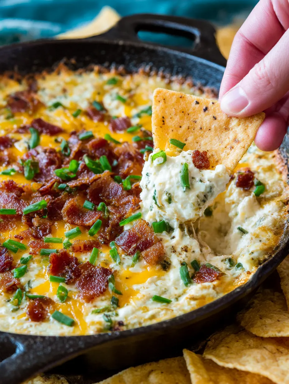 A hand is grabbing a piece of a baked jalapeno popper dip.
