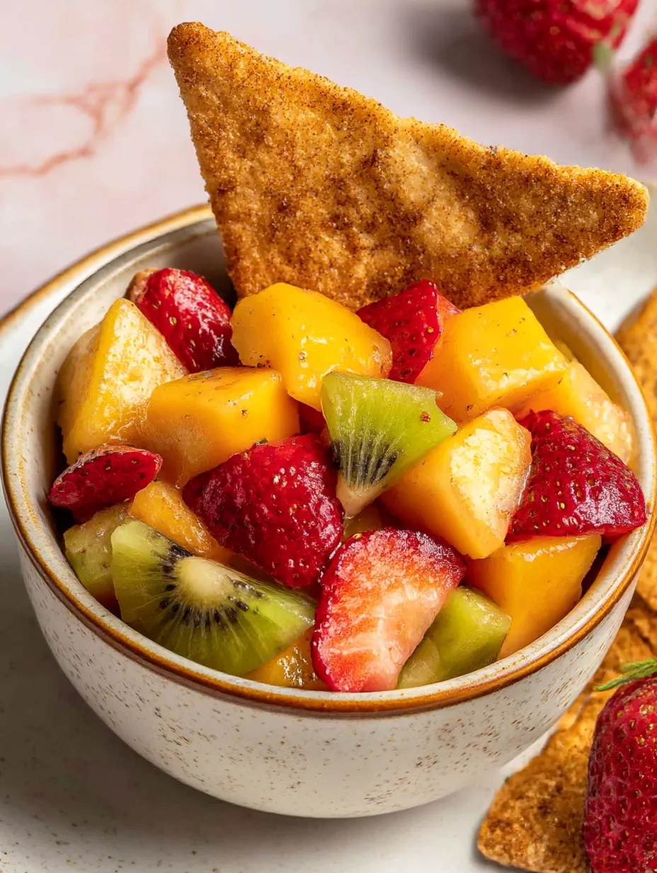 A bowl of fruit salsa with a piece of pie crust chip on top.