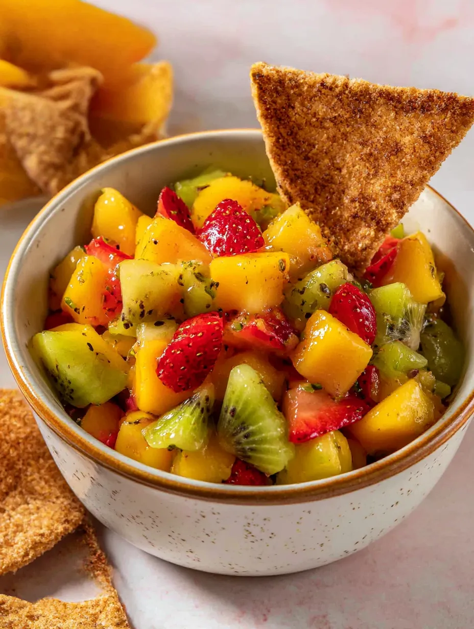 A bowl of fruit salsa with a piece of pie crust on top.