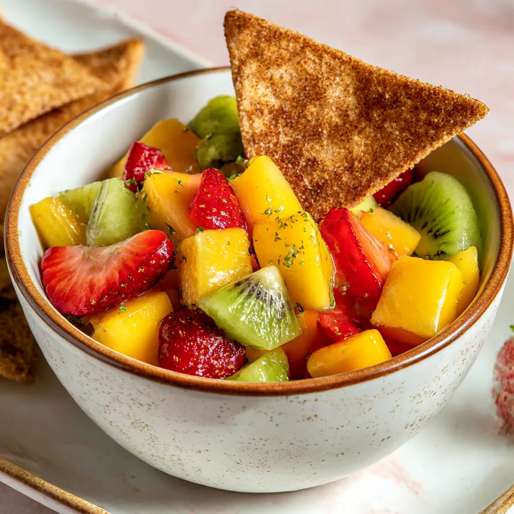 A bowl of fruit salsa with a piece of pie crust on top.