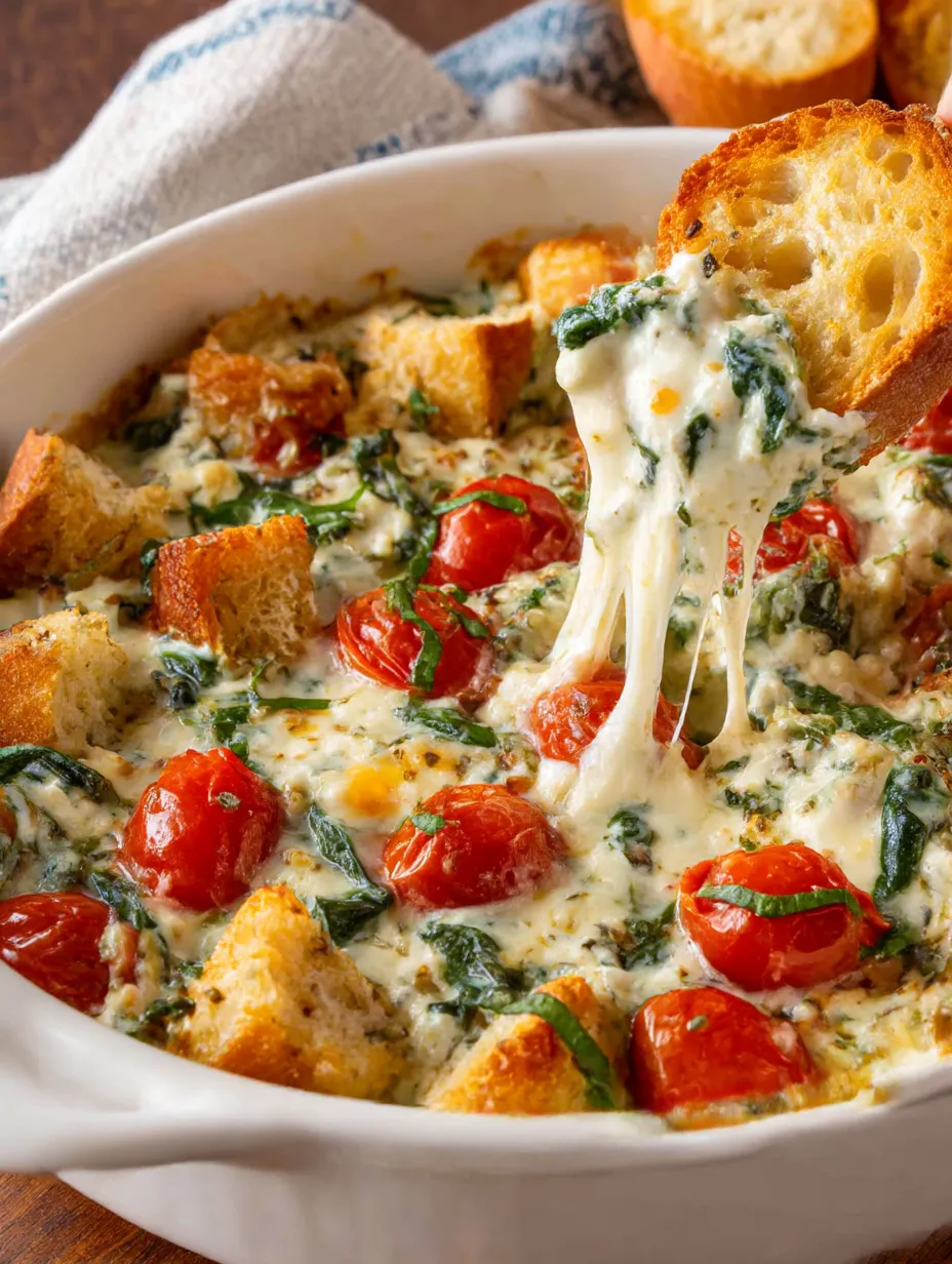 A bowl of Caprese dip with bread and tomatoes.