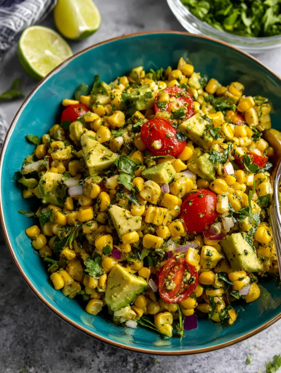 A bowl of corn salad with avocado.