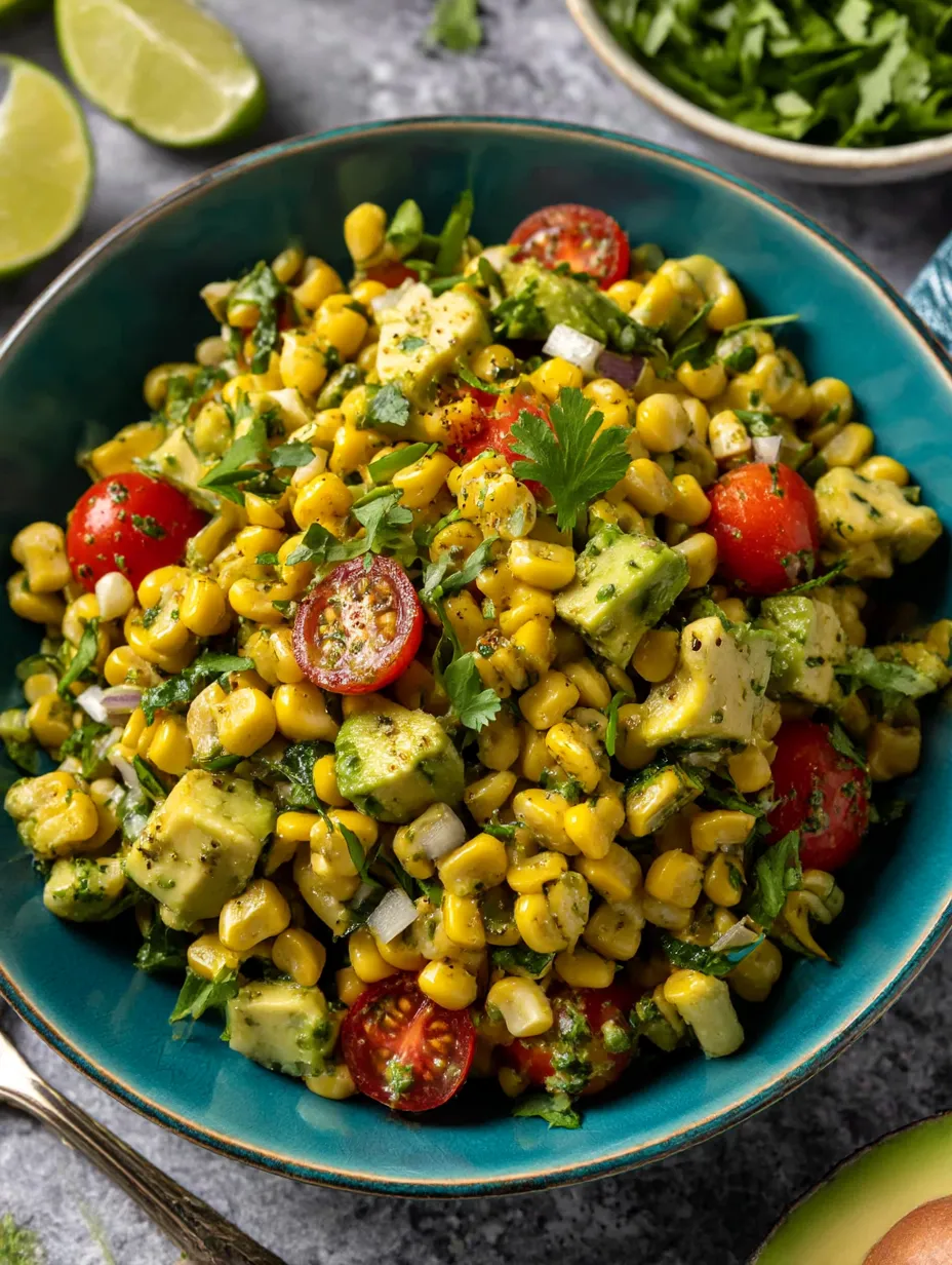 A bowl of corn salad with tomatoes and avocado.