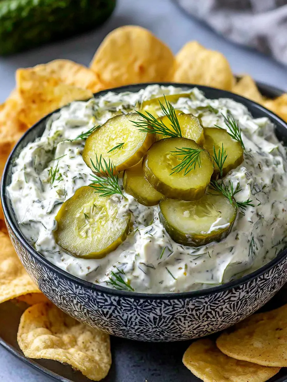A bowl of dill pickle dip with sliced pickles on top.