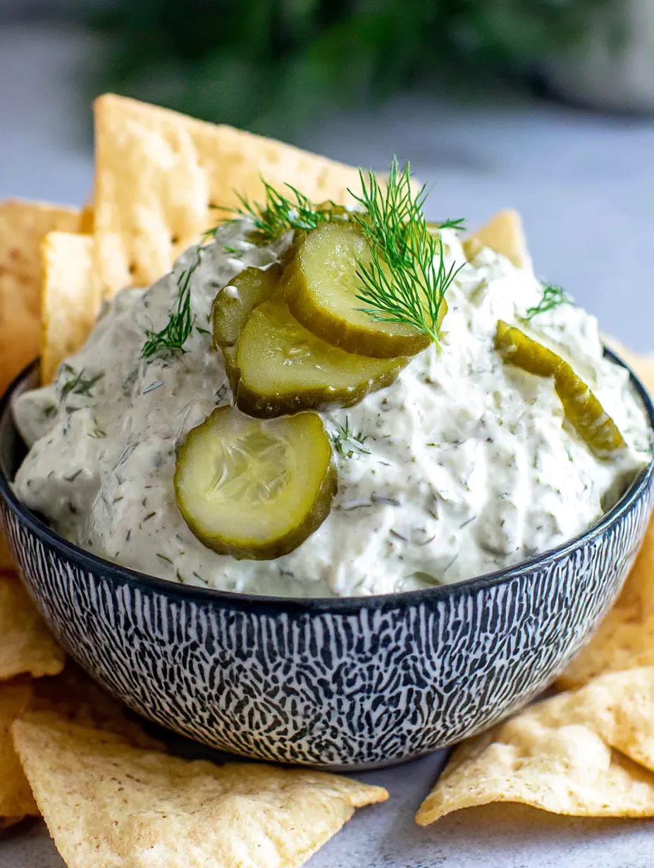 A bowl of dill pickle dip with a green topping.
