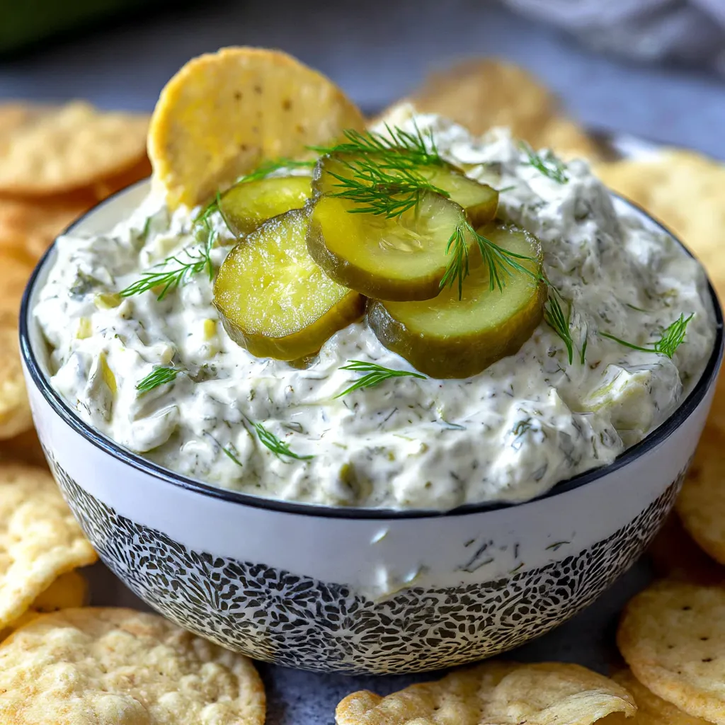 A bowl of dill pickle dip with a spoon in it.