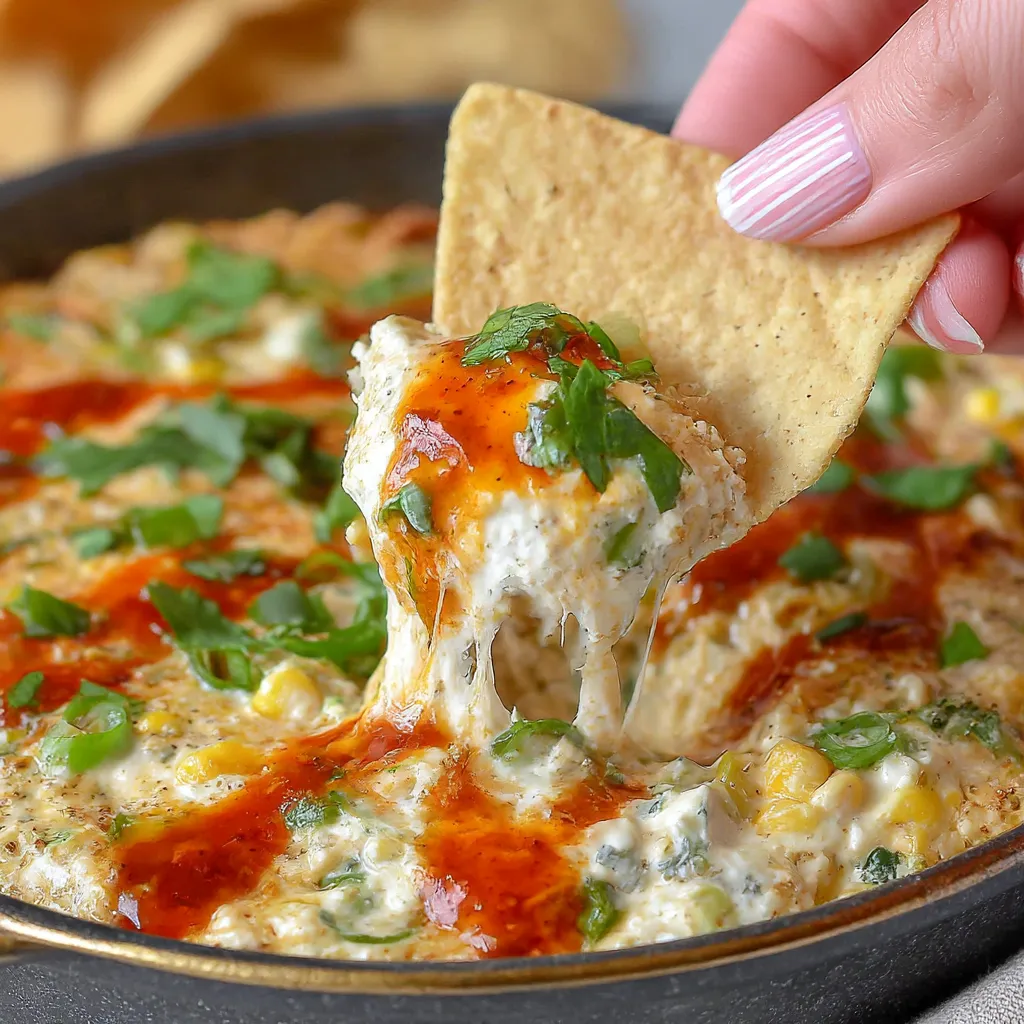 A hand is grabbing a tortilla chip from a bowl of slow cooker Mexican street corn dip.