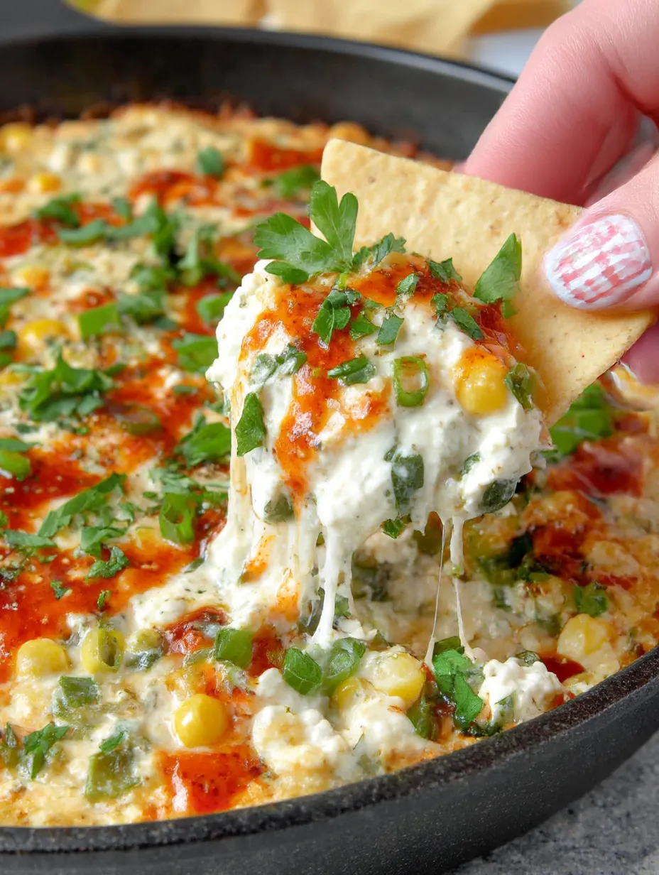 A hand is grabbing a tortilla chip from a bowl of Mexican street corn dip.