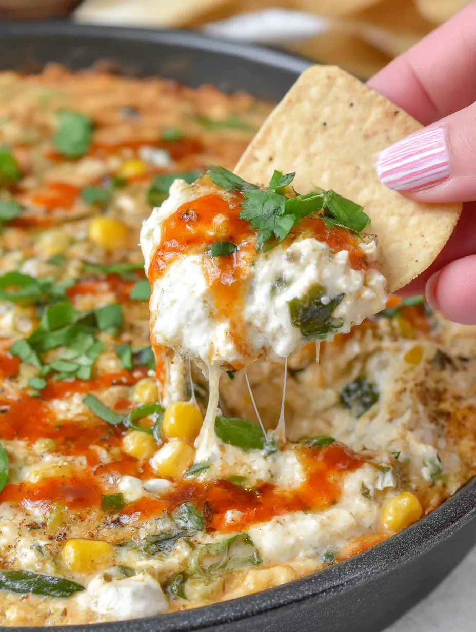 A hand is taking a bite of a slow cooker Mexican street corn dip.