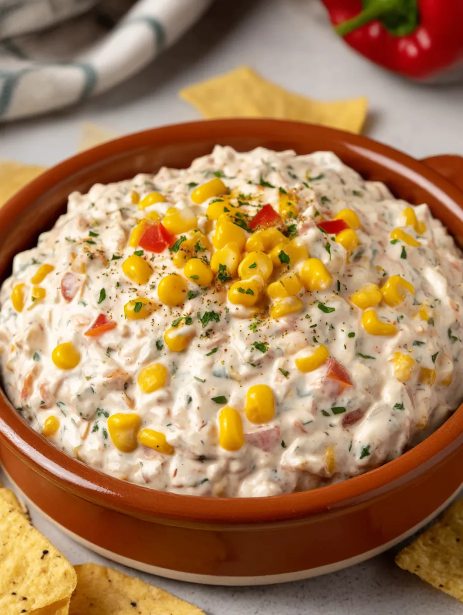 A bowl of dip with corn and tomatoes.