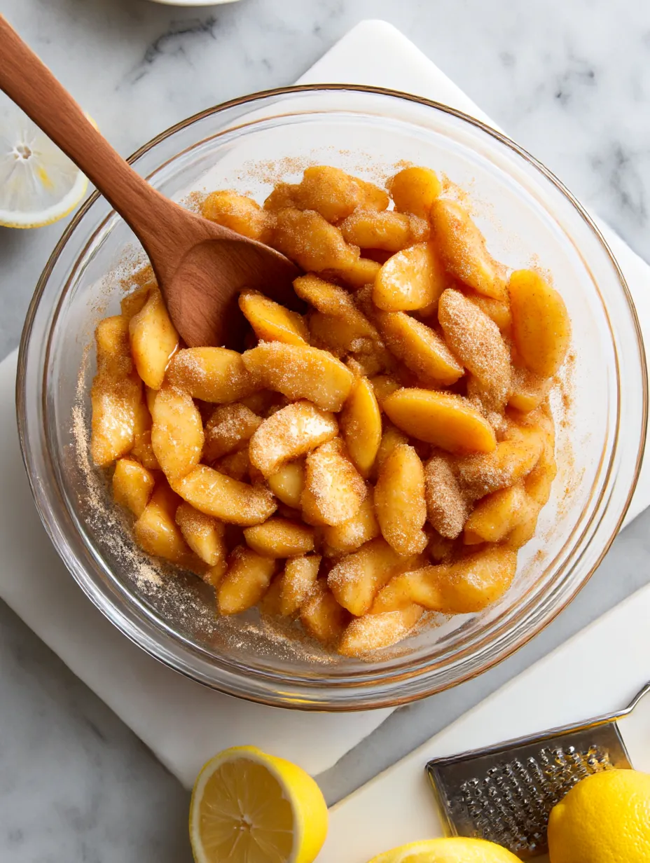 A wooden spoon is in a bowl of peaches.