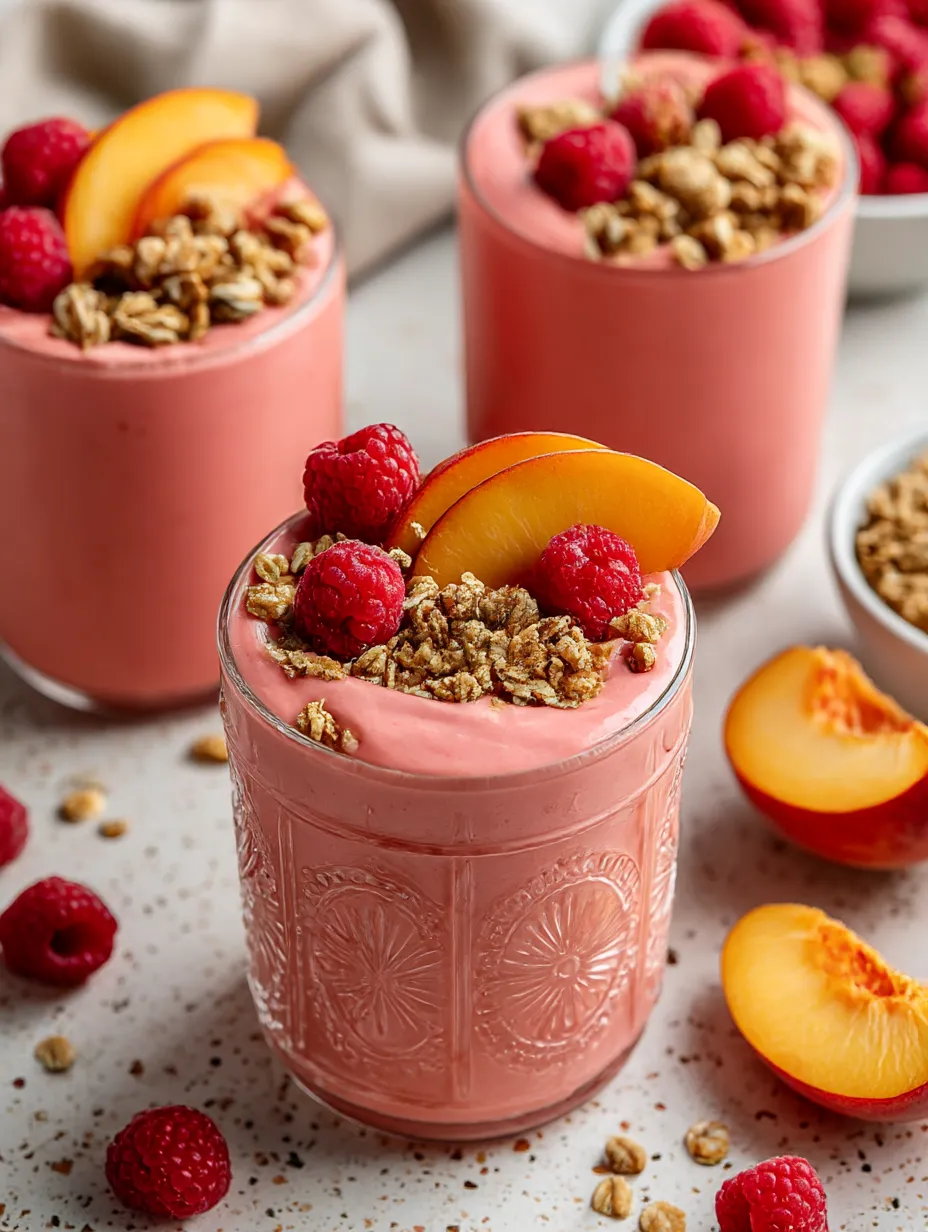A glass of pink peach smoothie with a spoon in it.