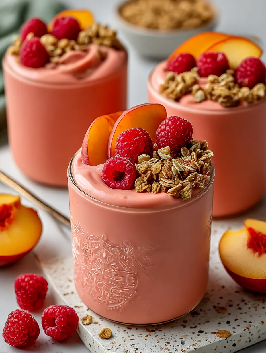 A glass of pink smoothie with raspberries and granola.