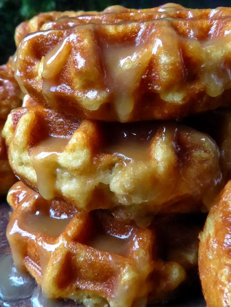 A stack of waffle donuts with caramel sauce drizzled on top.