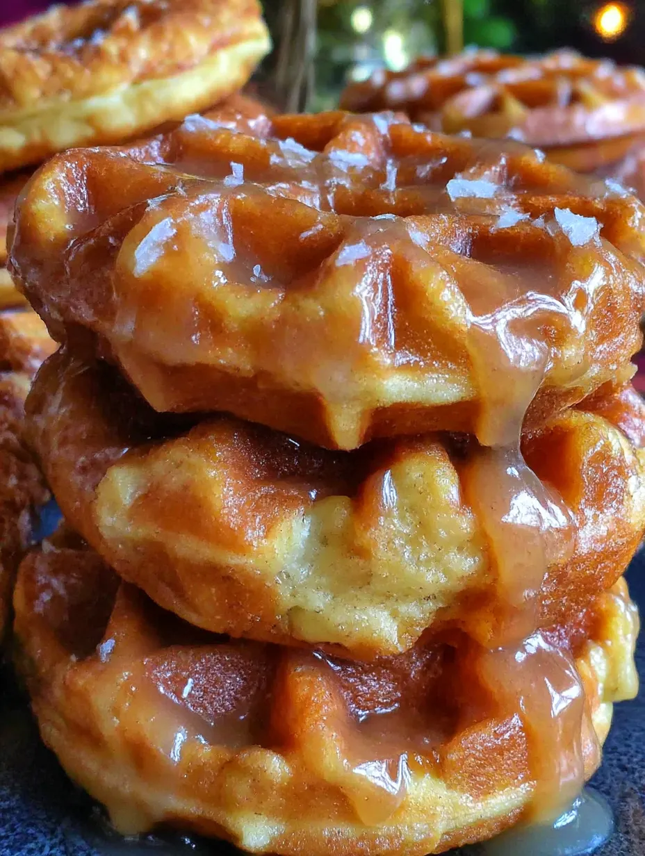 A stack of waffle donuts with a glaze.