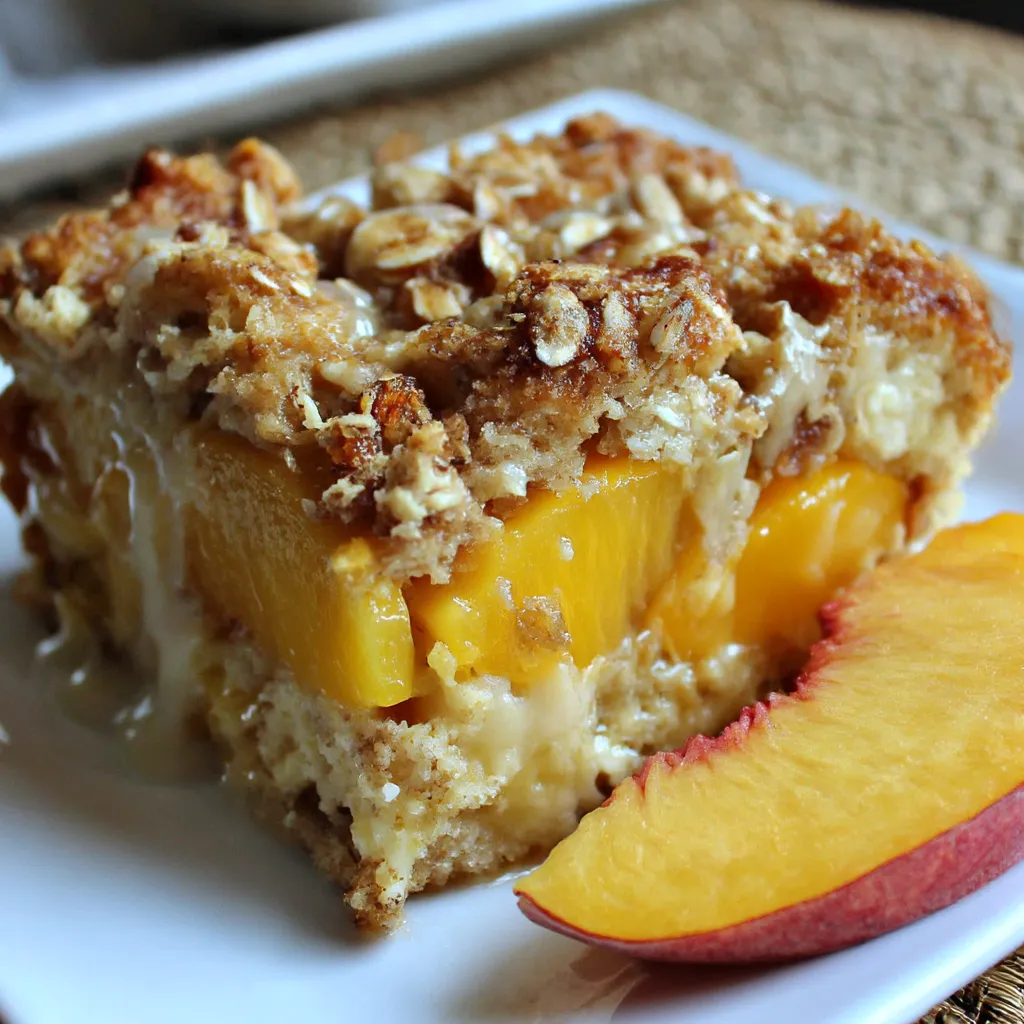 A slice of peaches and cream french toast bake.