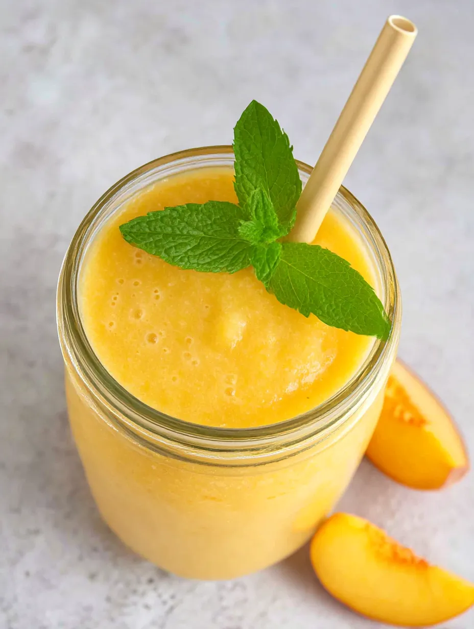 A glass of peach smoothie with a mint garnish.