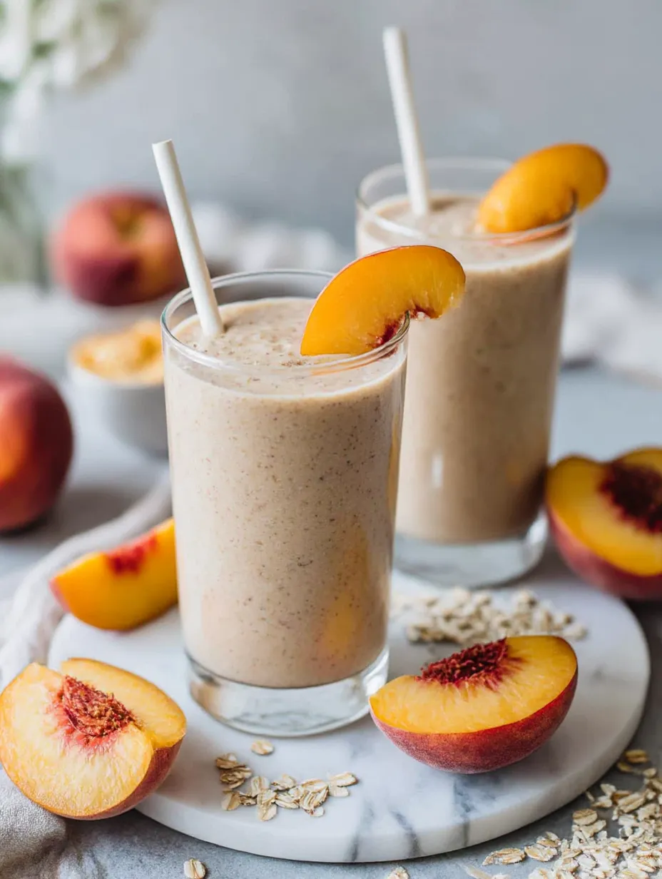 Two glasses of peach smoothie with peaches and nuts on the table.