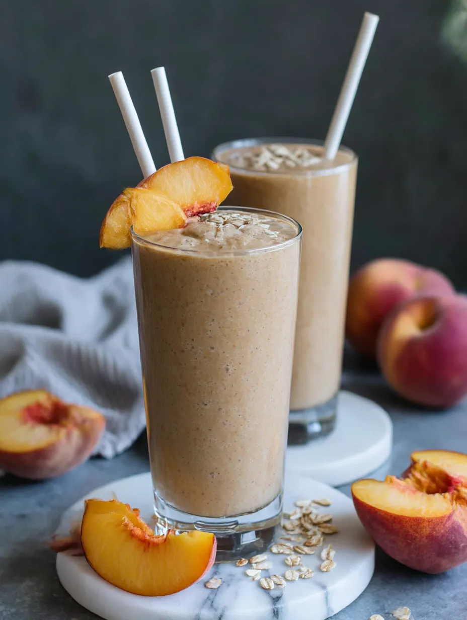 Two glasses of peach smoothie with peaches on the side.