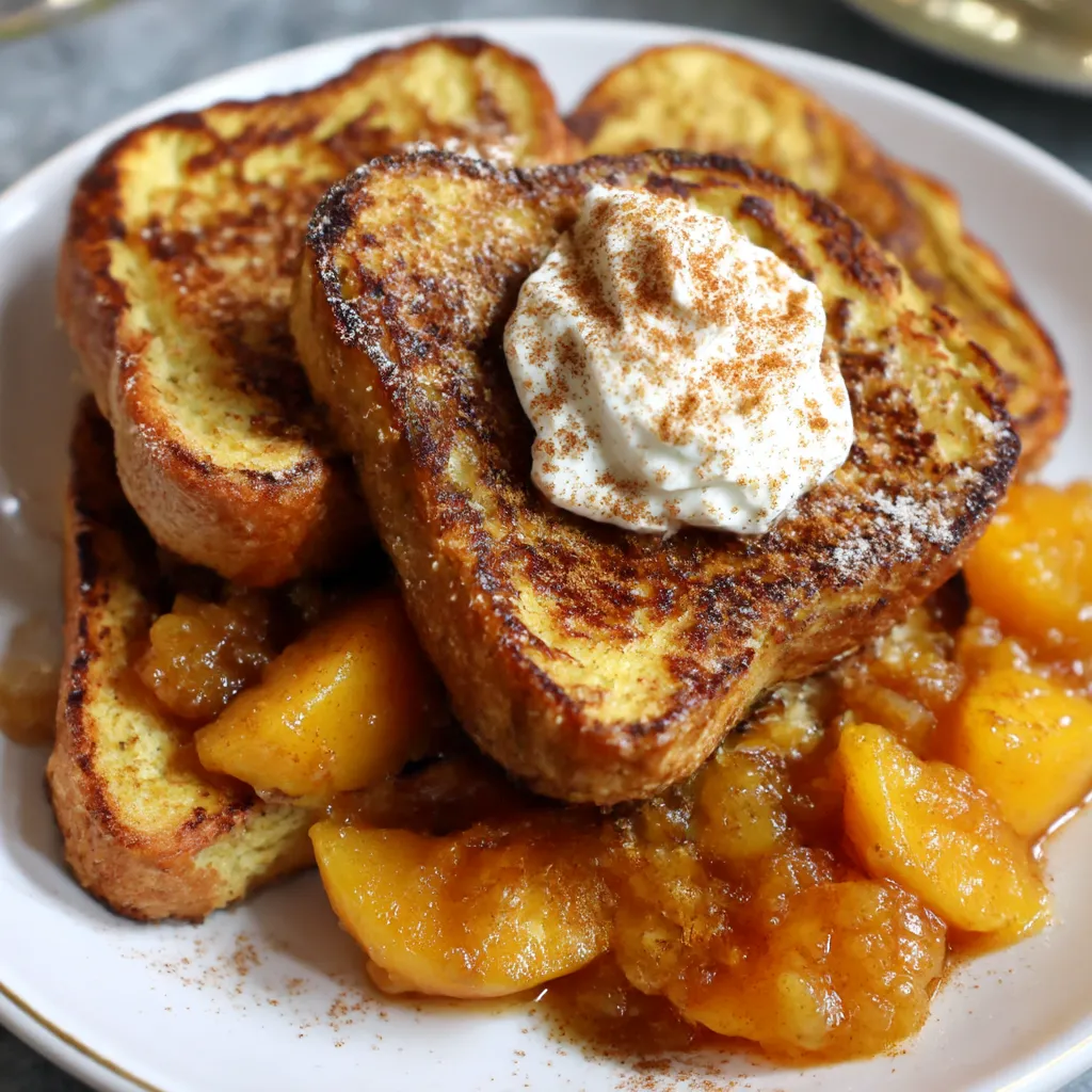 French toast with whipped cream and caramelized peaches.