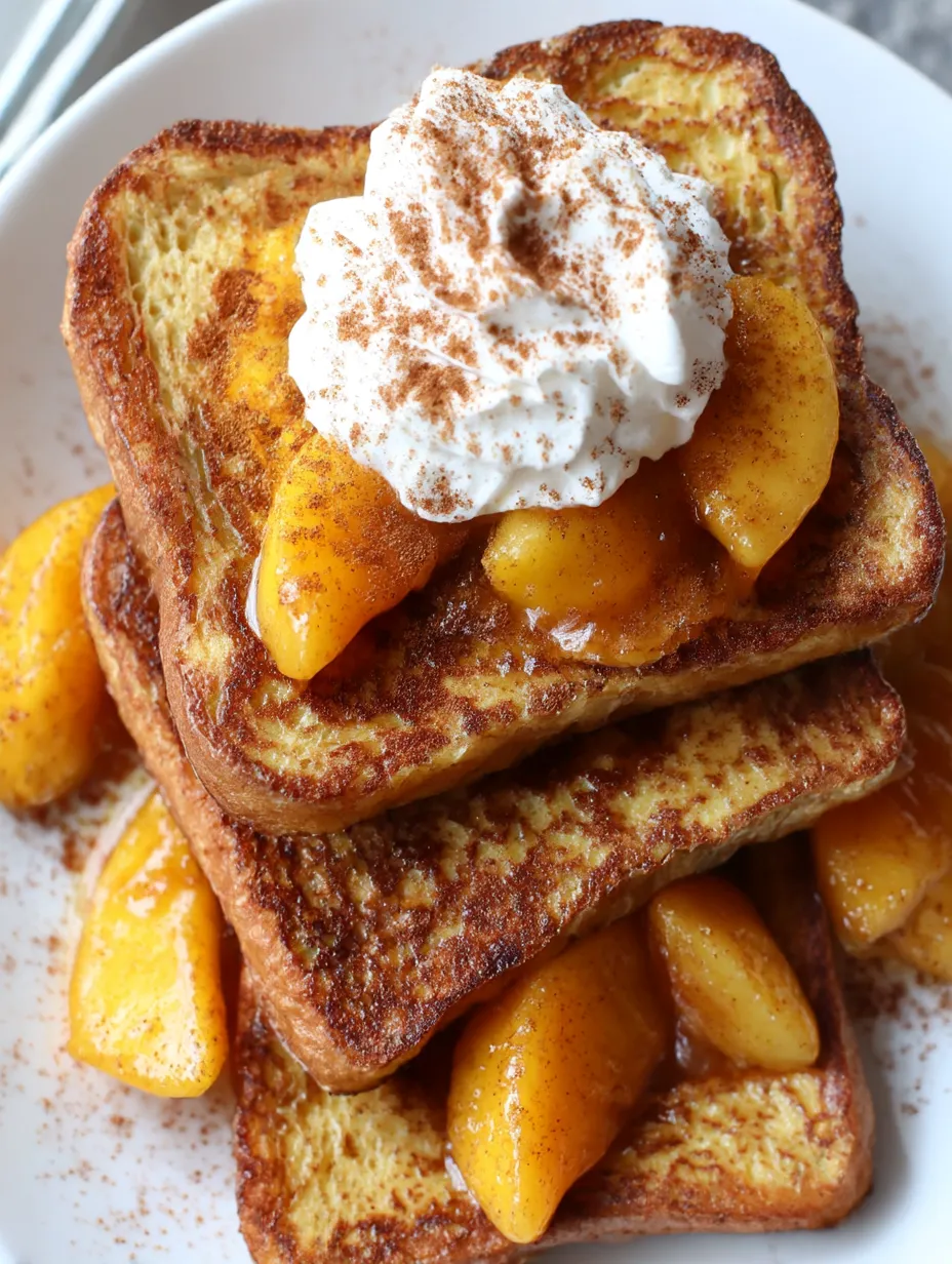 French toast with peaches and whipped cream.