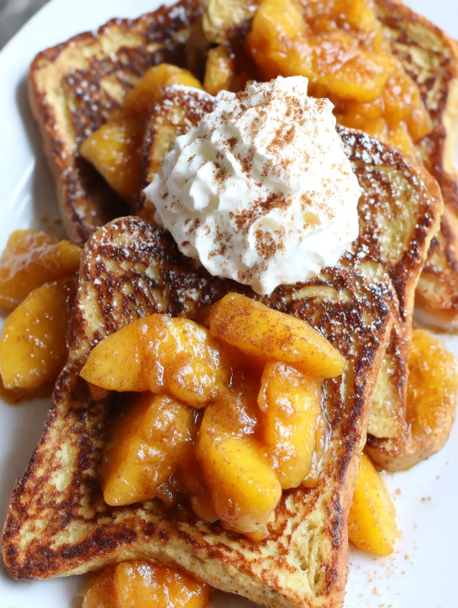 French toast with peaches and whipped cream.