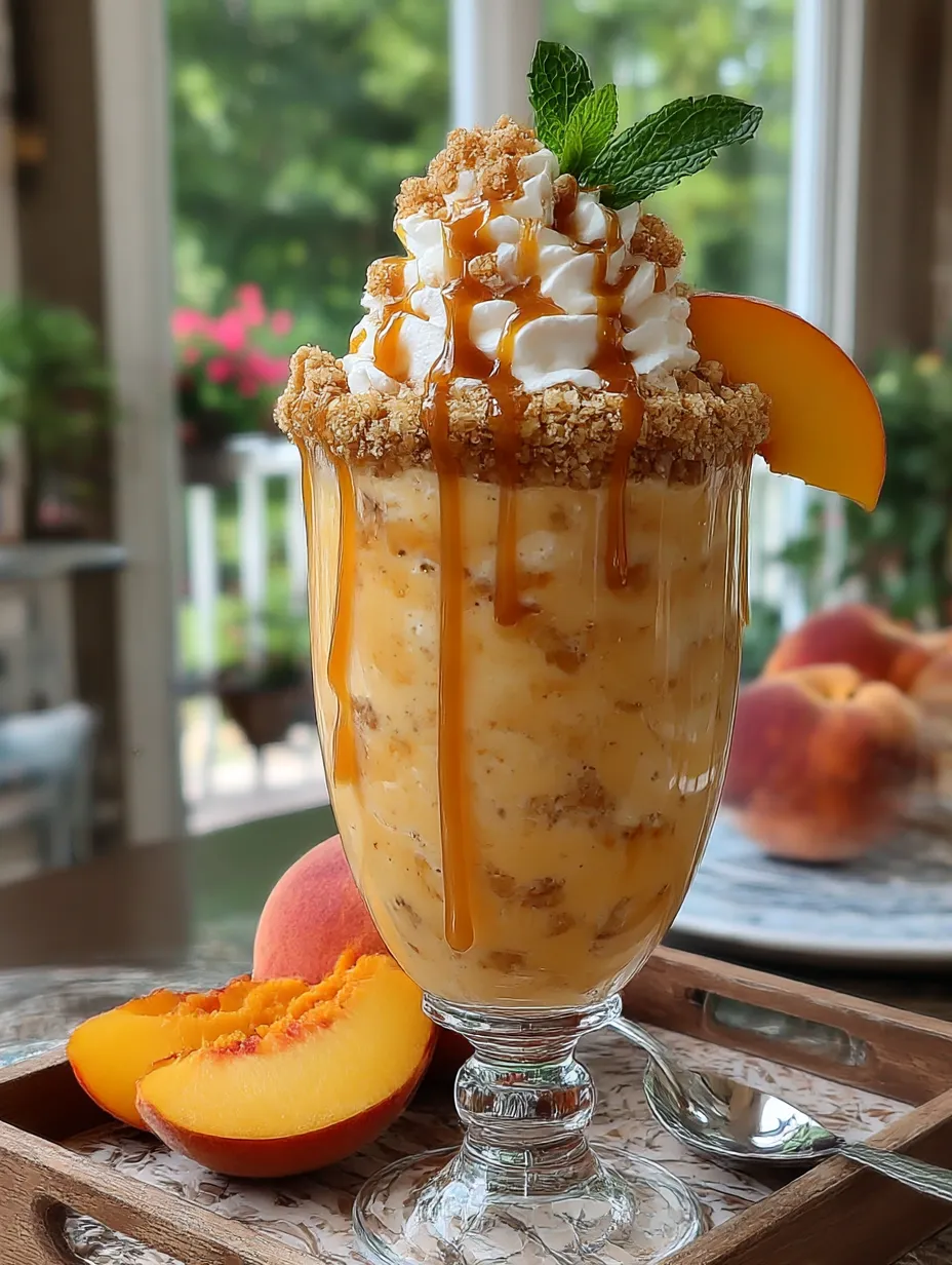 A glass of peach cobbler smoothie with a peach slice on the side.