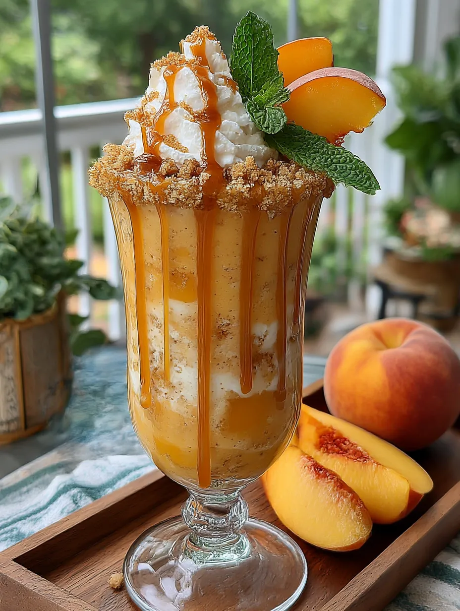 A glass of peach cobbler smoothie with a peach on the side.