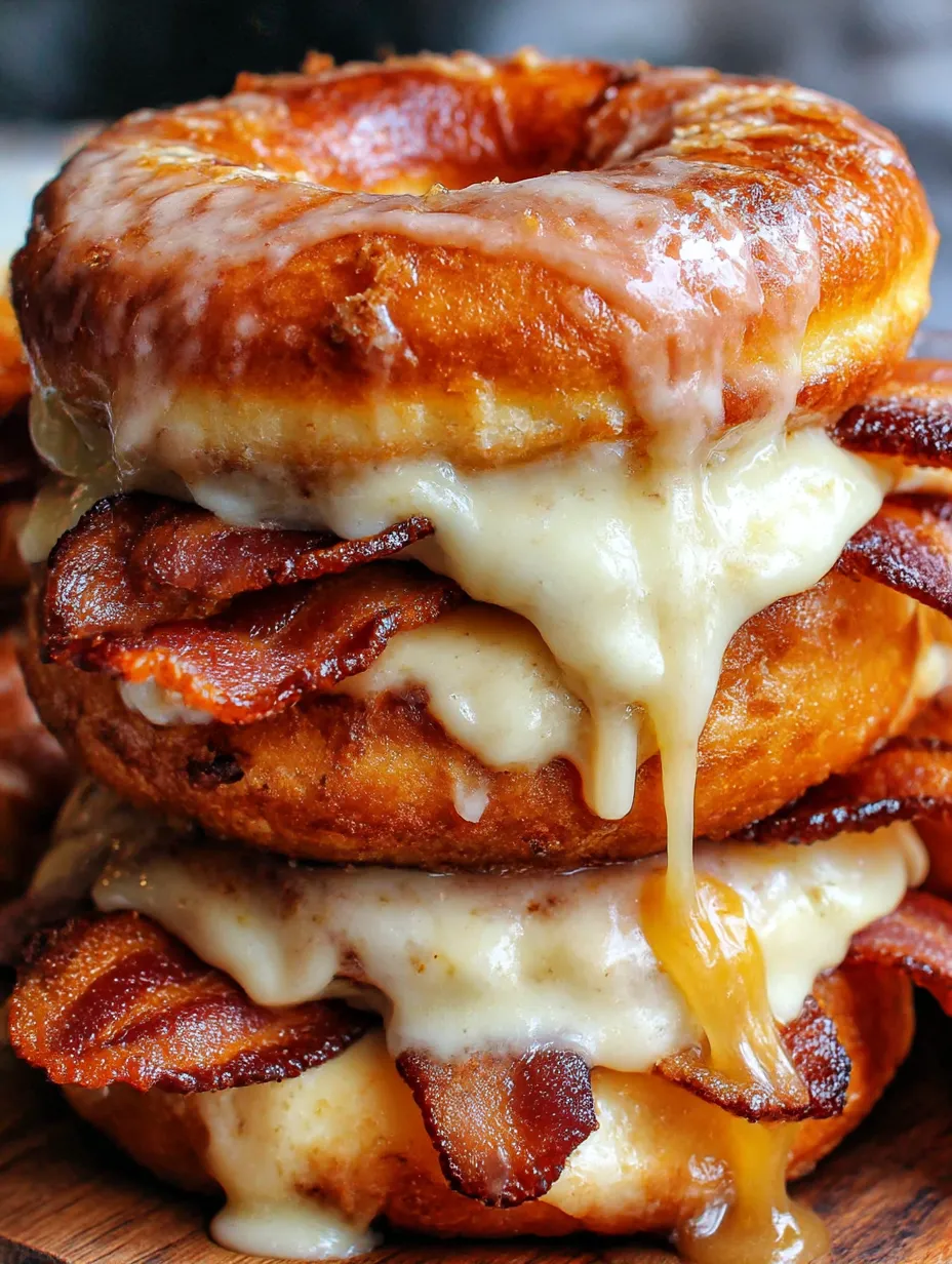 A stack of donuts with cheese and bacon on top.